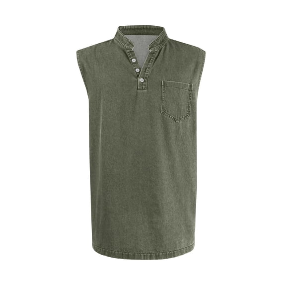 Delconic Men Sleeveless Washed Button Henley Tank Top with Chest Pocket Casual Athletic Loose Fit Summer Vest Shirt Army Green L
