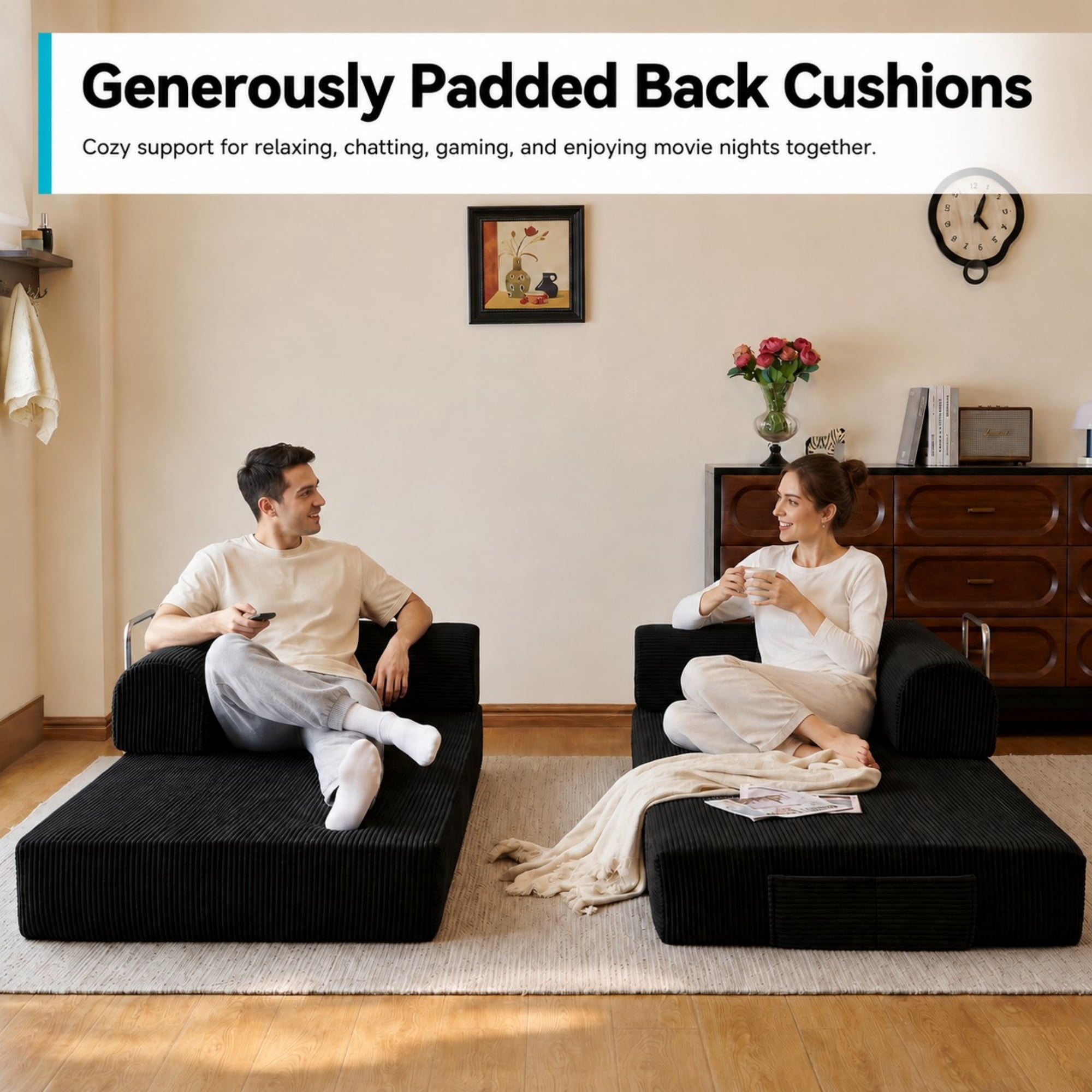 DEALTOPS 79" Convertible Corduroy Floor Sofa Bed, Modular Sleeper Couch with Memory Foam, Black