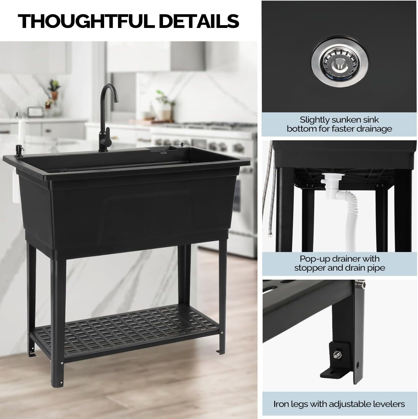 Ktaxon 27 Gallon Plastic Utility Sink with Hot/Cold Faucet, 36" Freestanding Laundry Tub with Iron Legs, Storage Shelf, Drain Board, Soap Dispenser and Pop-up Button for Bathroom, Laundry Room, Black