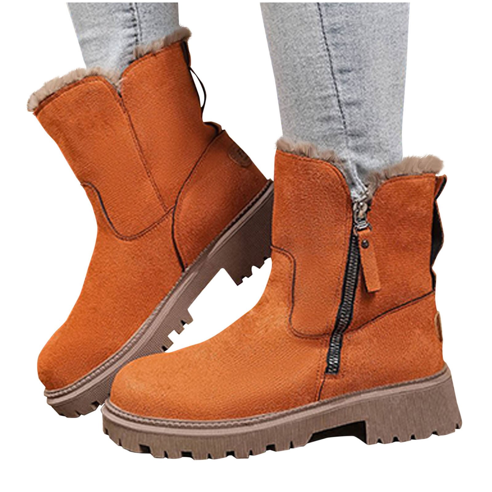 Xfvqtps Thermal Winter Boots for Women Warm Furry Lined Mid Calf Boots Waterproof Snow Shoes Non Slip Sole Outdoor Hiking Booties Comfortable Orange