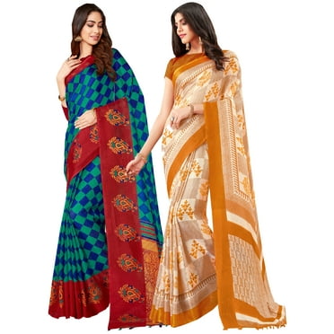 Pack of Two Saree for Women Printed Linen Silk Indian Wedding Sarees | Diwali Ethnic Gift Sari Combo