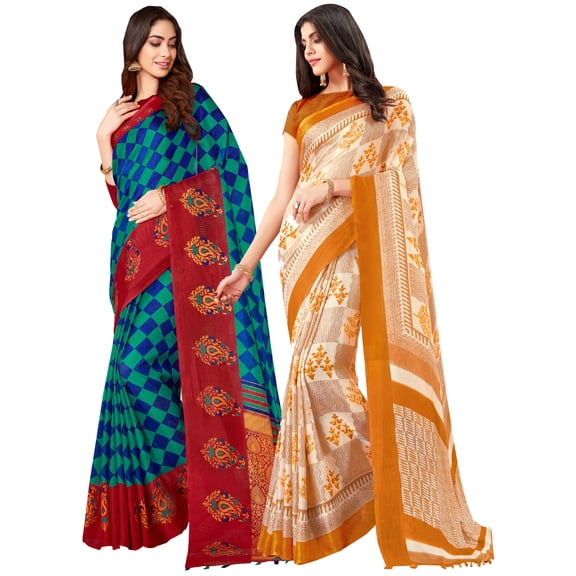 Pack of Two Saree for Women Printed Linen Silk Indian Wedding Sarees | Diwali Ethnic Gift Sari Combo