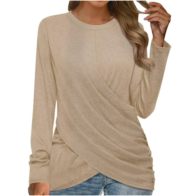 Besolor 2024 Chemise à Manches Longues pour Femmes Tunique Décontractée Printemps Automne Hauts Croisés Froncé devant Blouse Col Rond T-Shirts