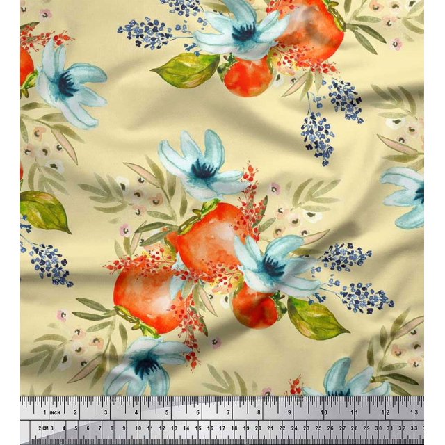 Soimoi Yellow Rayon Fabric Tomato & Freesia Floral Print Sewing Fabric Yard 42 Inch Wide