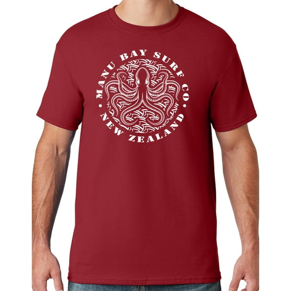 Mens Manu Bay Surf Company WHITE OCTOPUS T-shirt, XL Crimson Red
