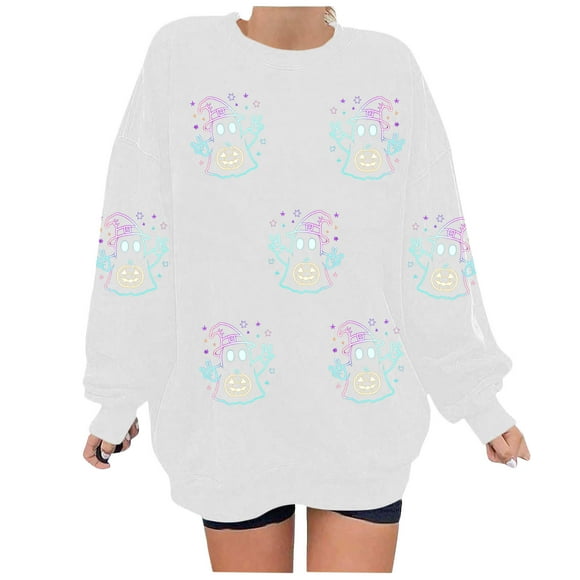 LMKIHUSA Womens Halloween Crewneck Sweatshirt Cute Ghost Print Oversized Tops Long Sleeve Round Neck Basic Pullover Spooky Season Loose Sweatshirts White,XXL