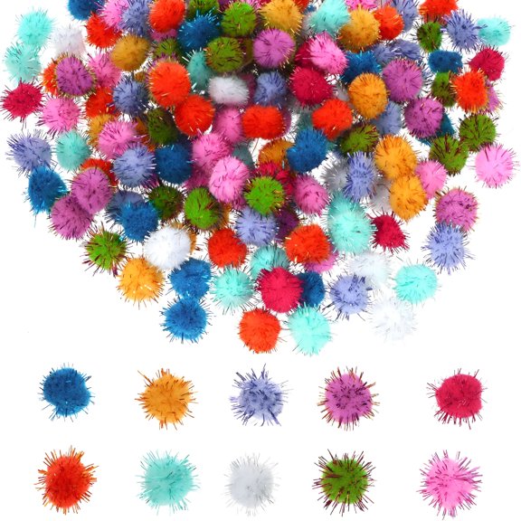 EXLEAF 2026 New 200 Pcs Glitter Pom Pom Balls,Multicolor Sparkle Craft Pompoms,0.59 Inch Fluffy Diy Decorations for Art Crafts,Diy Decorations,Cat Toys