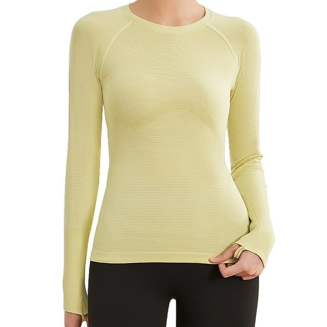 fheaev Chandails à Manches Longues pour Femmes Col Rond Chandail du Bas Ajusté Décontracté Extensible Ajusté sous-Blouses Entraînement Haut de Sport Pilates Vêtements de Mise en Forme Couche de Base Hauts