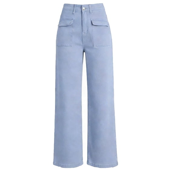 Gamivast Wide Leg Pants For Women High Waisted Denim Patch Pockets Trouser Jeans Straight Leg Denim Pants Stretchy Casual Daily Work Streetwear