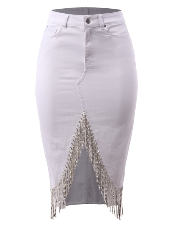 Women's Slim Fit Rayon Knee Length Rhinestone Front Slit Denim Jean Pencil Skirt White M