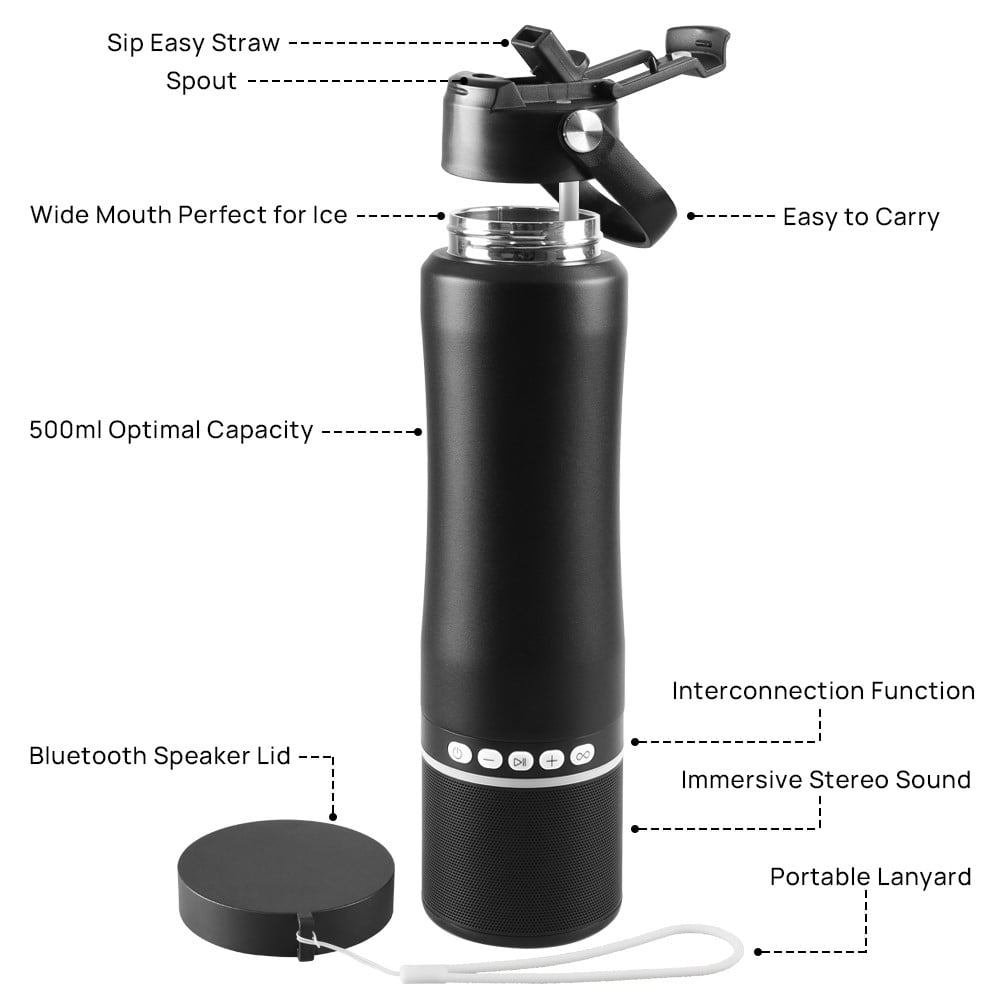 Myonaz Bluetooth Speaker Water Bottle 18oz, Insulated Stainless Steel Tumbler with LED Lights, Portable Wireless Speaker, Leakproof, Hot & Cold (Black)