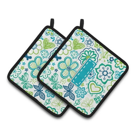 

Letter I Flowers and Butterflies Teal Blue Pair of Pot Holders