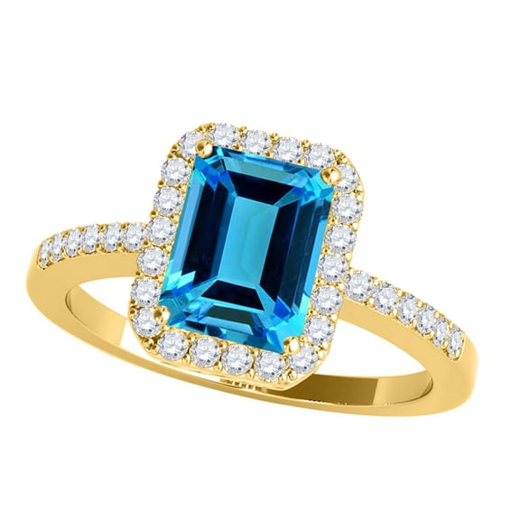 Mauli Jewels Rings for Women 3.15 Carat Diamond and Emerald Shaped Blue Topaz Ring 4-prong 10K Yellow Gold