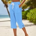 thumbnail image 2 of Women's Cotton Loose Straight Pants with Pockets, Mid Elastic Waist Drawstring, Side Slits Buttoned, Casual Business Beach Lounge Capri Pants | VerBelle,Sky Blue 2XL, 2 of 6