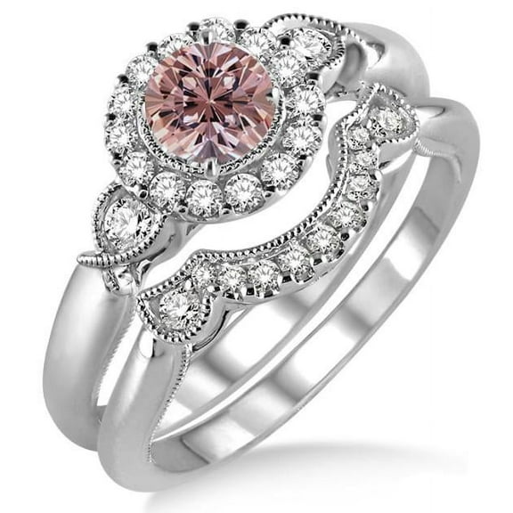 2 Carat 6mm Round Cut Morganite and Diamond Moissanite Engagement Ring in 10K White Gold