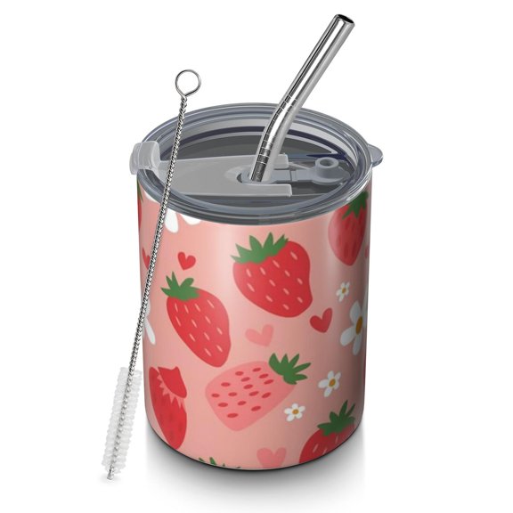 12oz Coffee Tumblers Strawberry Plants Fruit Flower Heart Stainless Steel Vacuum Insulated Travel Tumbler Coffee Cups Mug with Lid and Straw with Cleaning Brush for Cold & Hot Drinks