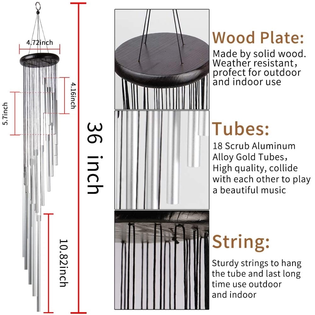 36" Large Tuned Wind Chimes Outdoor, Memorial Chapel Bells Balcony Garden Decor Windchimes with 18 Aluminum Alloy Tubes and S Hook