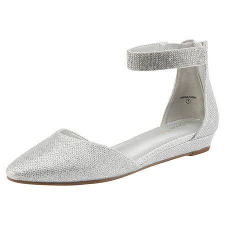 BURUDANI Women Flats Shoes Low Wedge Sandals Ankle Strap Pointed Toe SILVER Size 11
