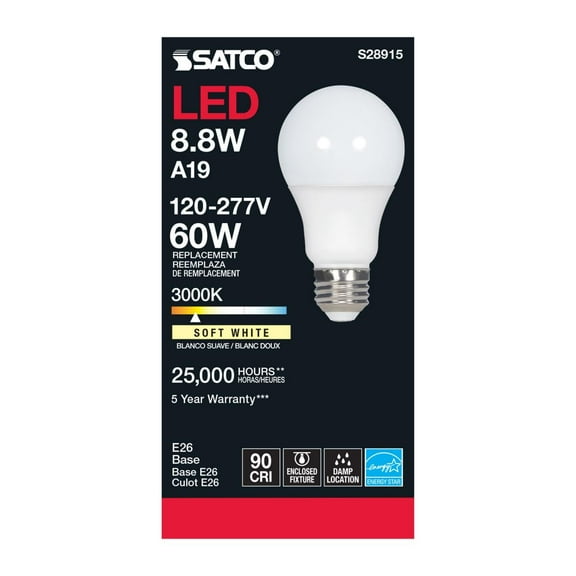Satco S28915 8.8W 120V A19 LED Light Bulbs 3000K E26 Medium Base Frosted Finish (6 Pack)