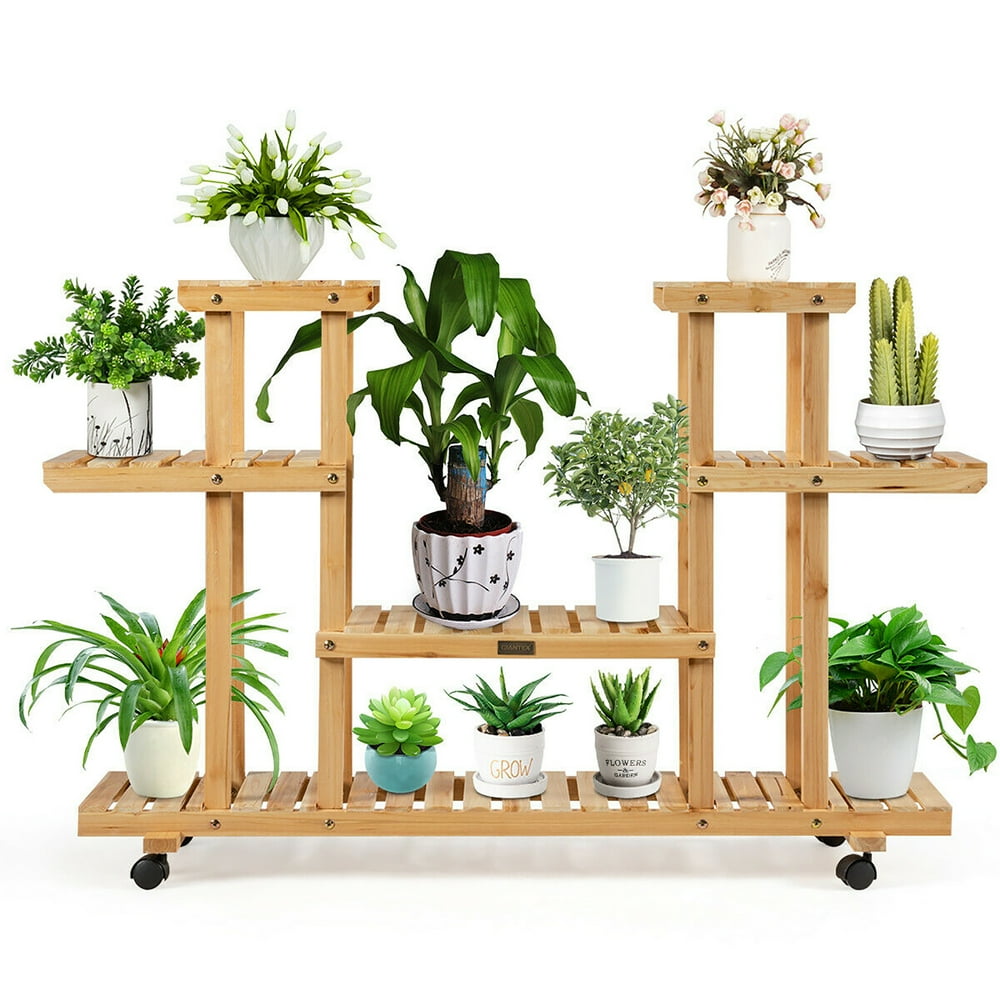 Costway 4Tier Wooden Plant Stand W/Wheels Multipurpose Storage Rack