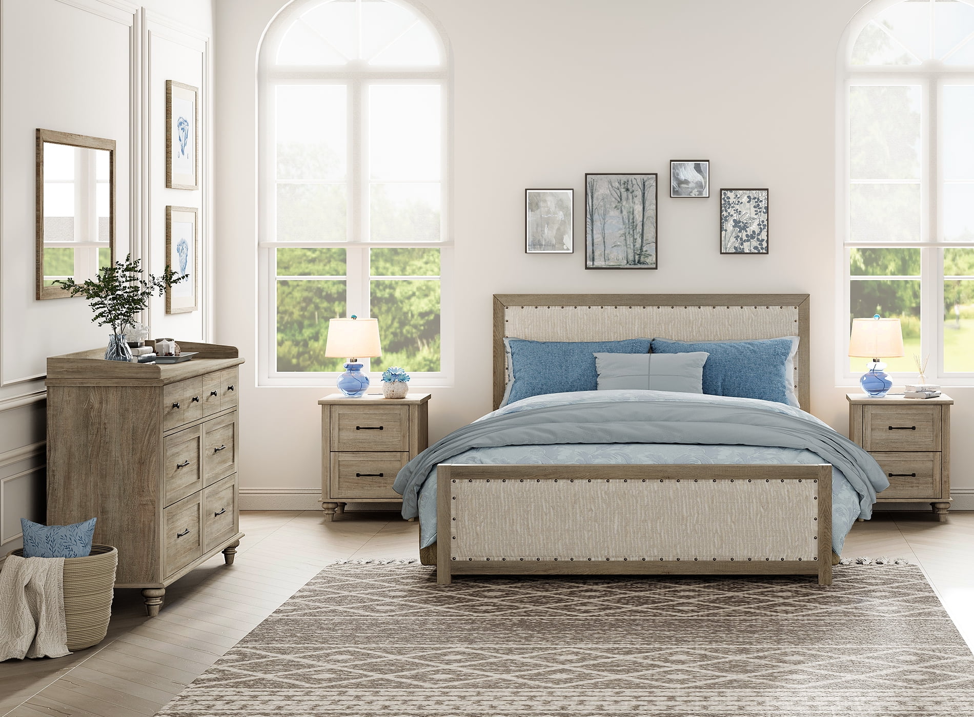 3 Piece Dresser and Nightstand Sets, Farmhouse Dresser with 6 Drawers, Set of 2 Night Stands with Charging Staion, 3 Piece Bedroom Set, Grey