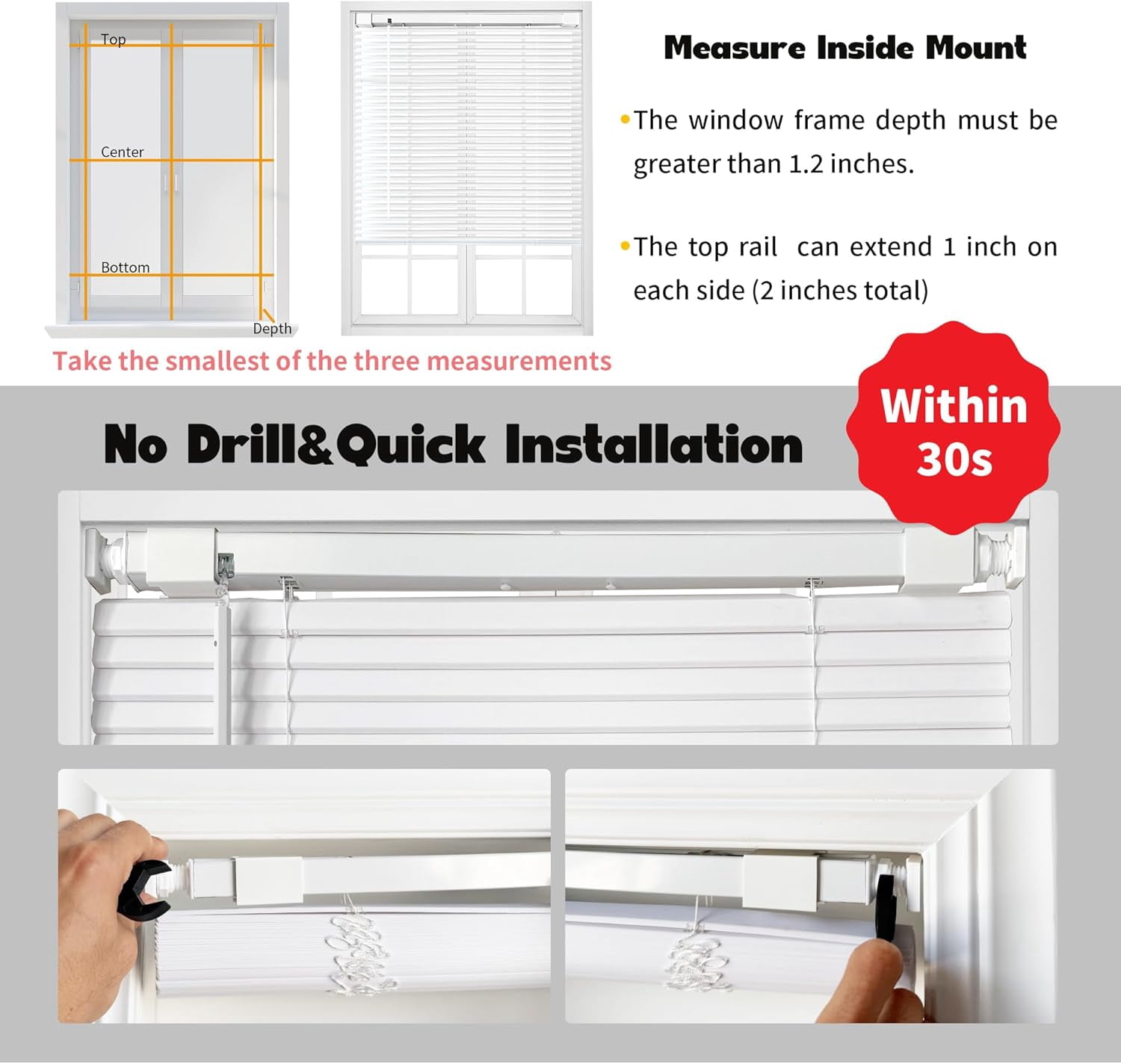 No Tools Drill Cordless Mini Blinds, 1" L-Shaped Slats Light Filtering Shades, Horizontal Vinyl Blinds for Indoor Windows, White,36.5" Wx 64" H