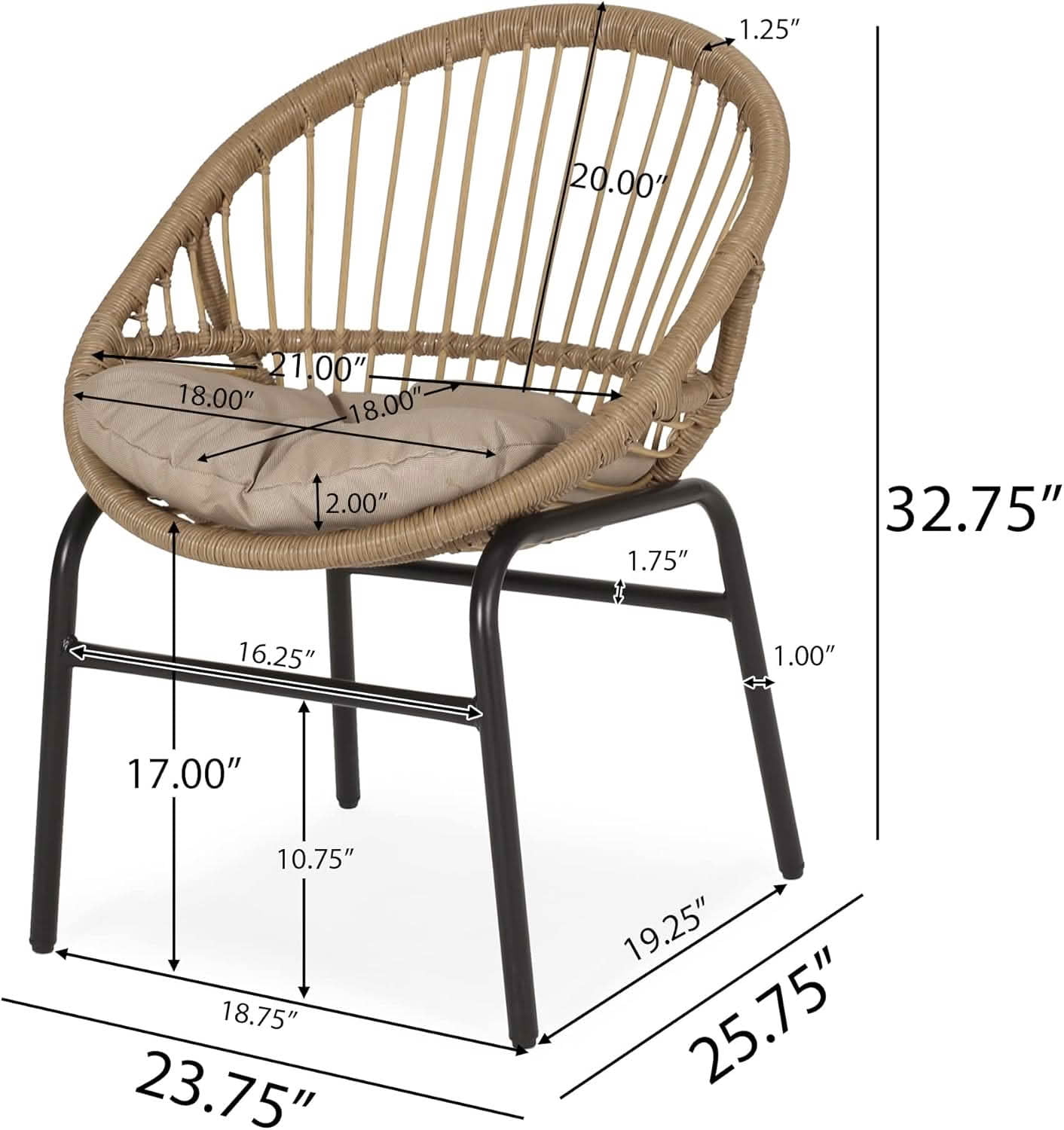 MAYEERTY Set of 2 Patio Boho Woven Rattan Outdoor Dining Chairs with Metal Frame & Water-Resistant Cushions