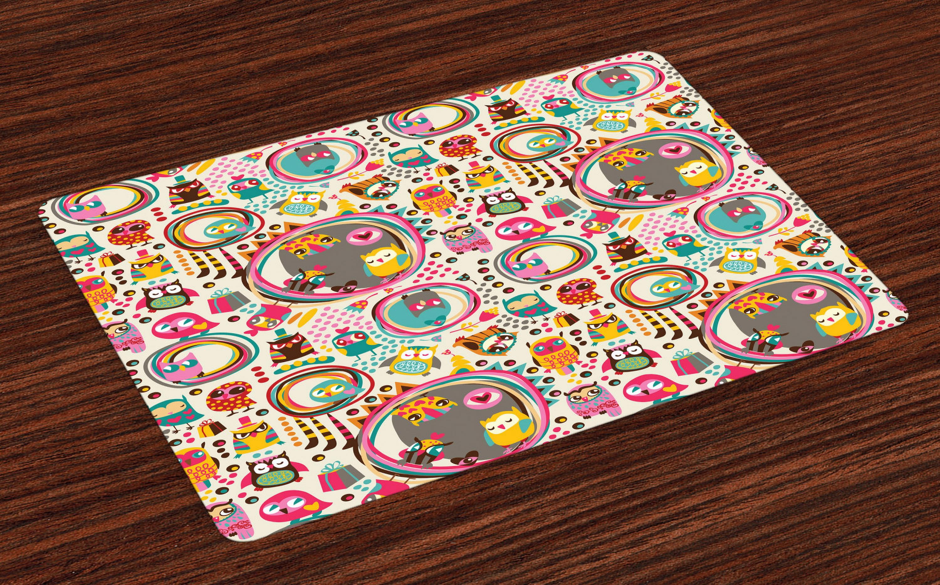 Owl Placemats Set of 4 Cartoon Style Funny Avian Animals Design with