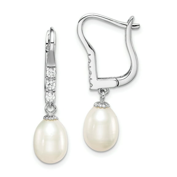 Primal Silver Sterling Silver Rhodium-plated 7-8mm White Rice Freshwater Cultured Pearl Cubic Zirconia Leverback Earrings
