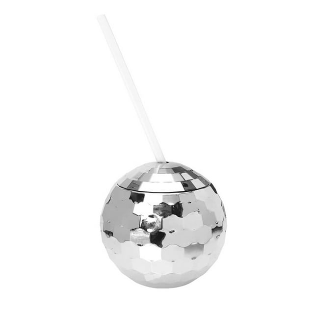 Inteprter Taza de agua de plástico con pajita para niña, taza única con bola de discoteca para niñas y rotación de 360 °, no gotea Cocina y Comedor plateado