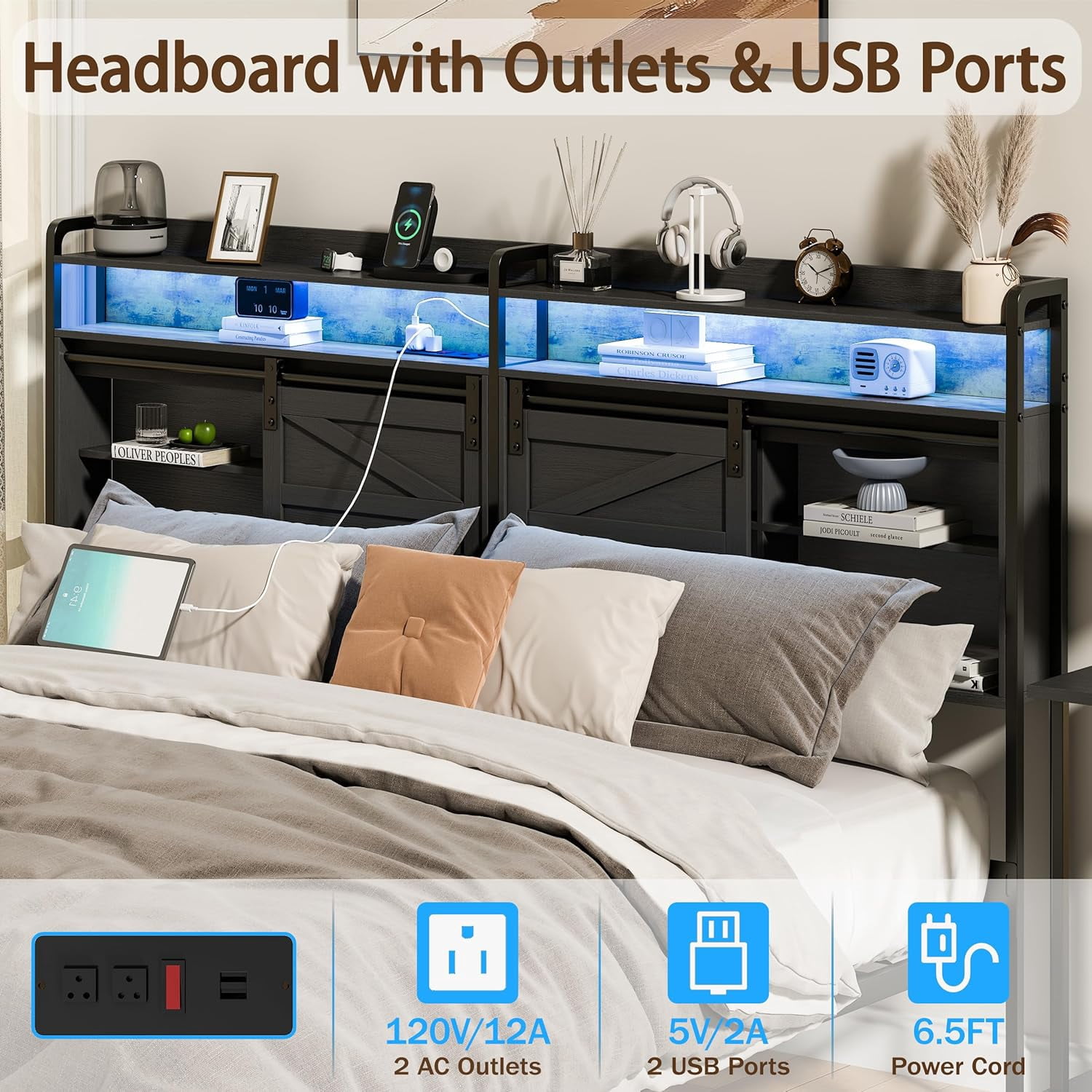 NEORIVER King Size Headboard with Storage, 3-Tier King Headboard with Outlets, USB Ports and LED Light, Storage King Size Headboard Only with Sliding Barn Doors, Width Adjustable