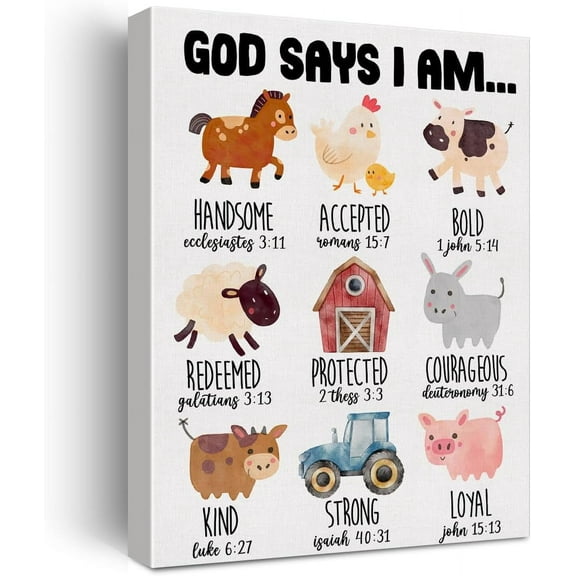 Inspirational Motivational God Says I Am Poster Canvas Wall Art for Nursery Home Decor Christian Farm Animals Canvas Print Painting Ready to Hang Gifts - Easel & Hanging Hook 12x15 Inch