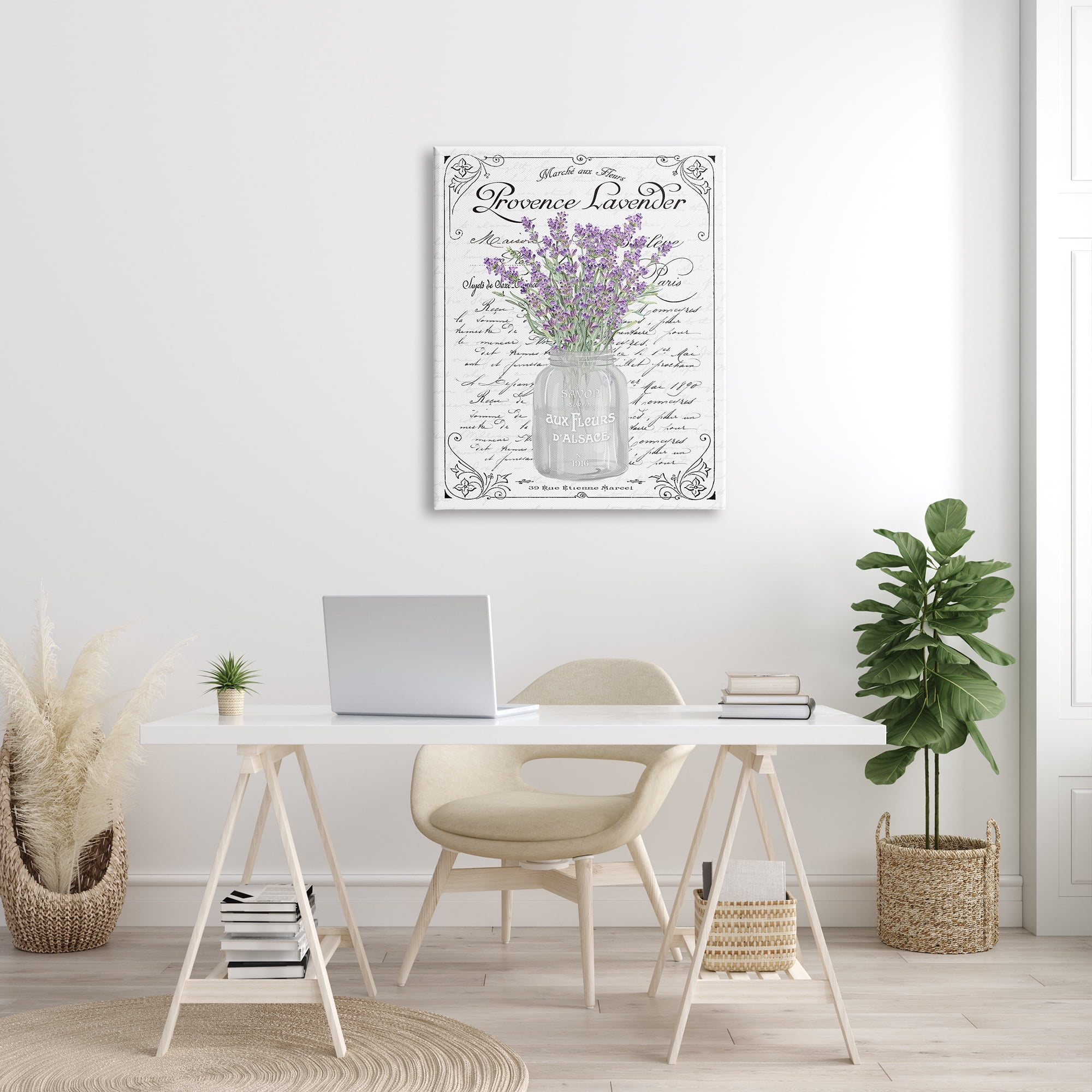 Stupell Industries Lavender Sprigs Bouquet Ornate French Script Motif Graphic Art Gallery Wrapped Canvas Print Wall Art, Design by Lettered and Lined