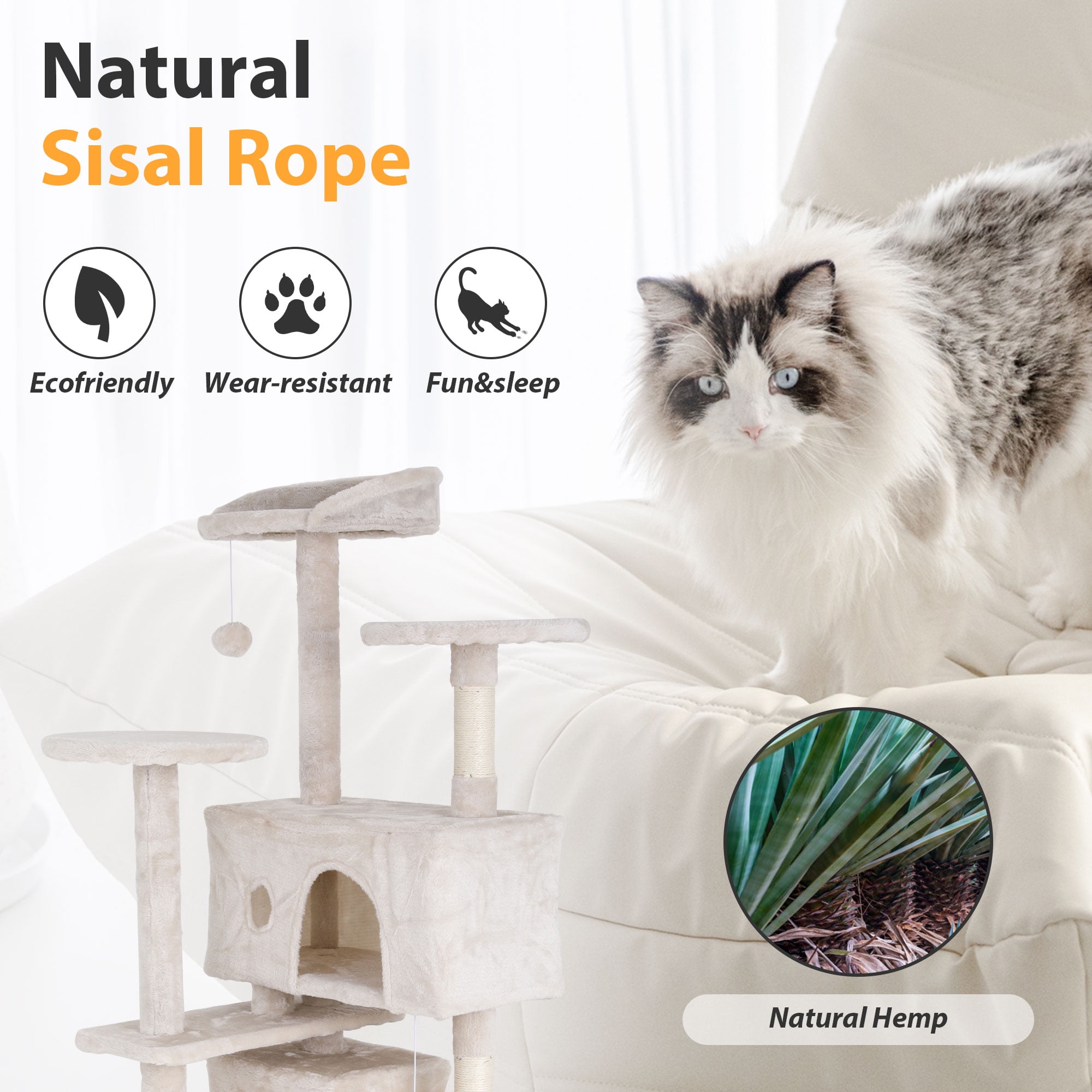 CL.HPAHKL Cat Tree Tower Tall for Indoor Cats, 54in Multi-Level Durable Cat Tower Cat Condo Scratch Post with Natural Sisal Rope Cat Stands for Cats Kitten, Beige