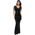 thumbnail image 6 of Women's V Neck Sequin Formal Evening Dress Tassel Bead Sleeve Mermaid Long Gown 1920S Party Maxi Military Dress, 6 of 7
