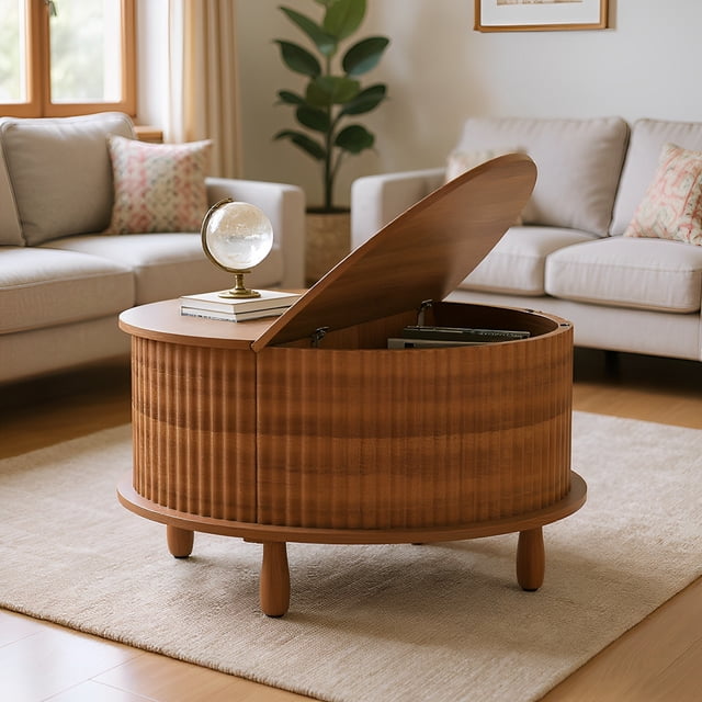 VERDALAY Mesa de centro rústica con espacio de almacenamiento Mesa de centro redonda de madera para hogar Salón Oficina Mesa central con puerta corredera Tipo 2