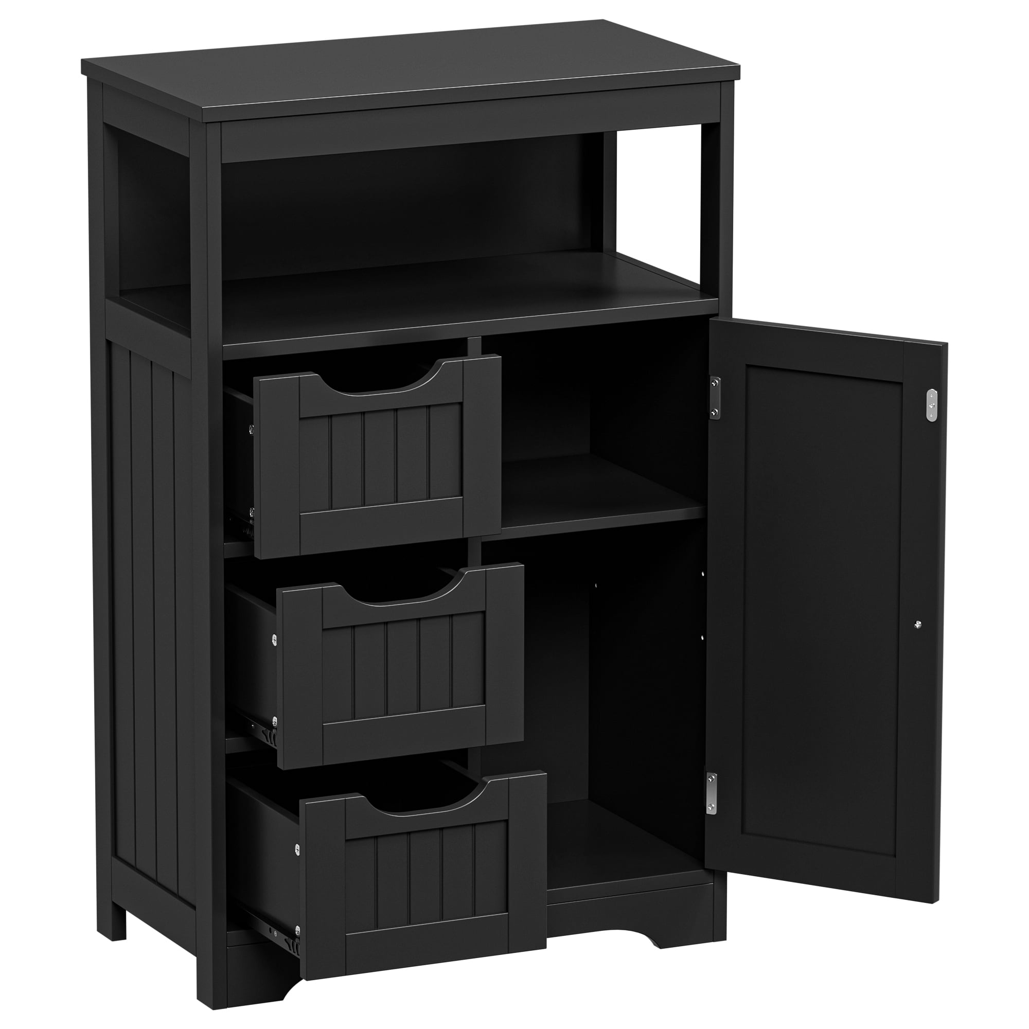HomGarden Bathroom Floor Storage Cabinet Modern Wooden Kitchen Cupboard W/Adjustable Shelf & 3 Drawers, Black