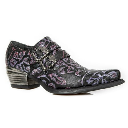 

NEW ROCK 7960-S8 Shoe EMBOSSED VINTAGE Black Leather Buckle Steel Heel Shoes 43