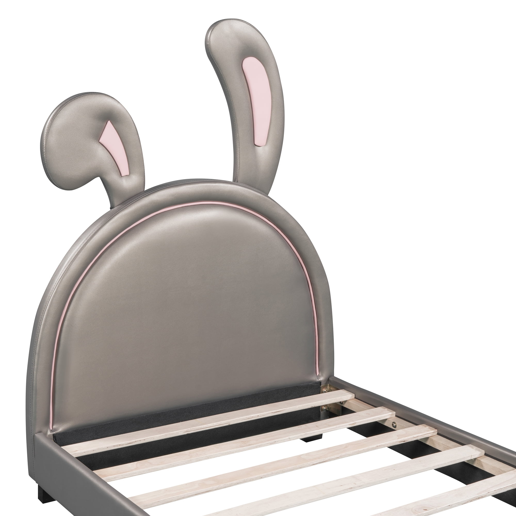 Euroco Upholstered Twin Size Platform Bed, PU Cartoon Bunny Bed for Kids, Gray