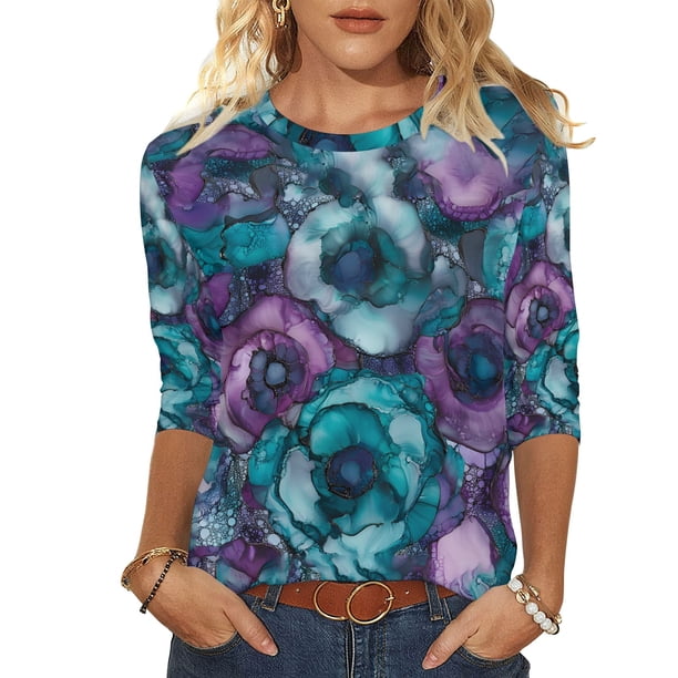 Camisetas de Manga 3/4 para Mujeres Impresas Cuello Redondo Blusa Casual Top de Verano Suave