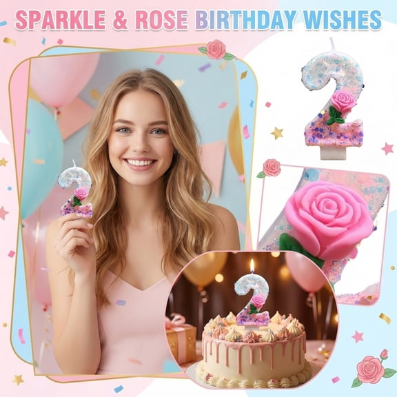 Birthday Candle, Number 2 Candle, 3 in Tall, Pink Confetti Glitter, Flower Cake Topper, Pink Birthday Decorations, Second Birthday, Floral Cake Decorations, 1 Pc