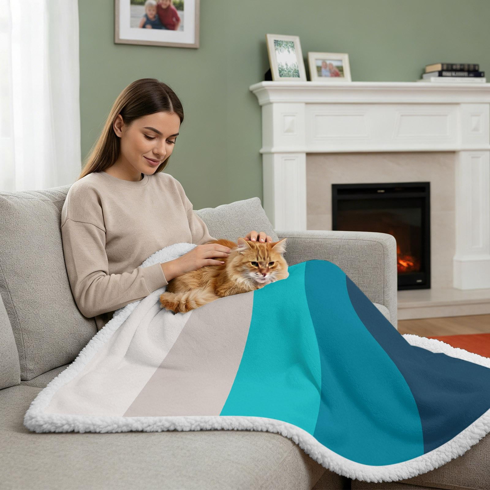 Sherpa Throw Blankets Ombre Teal Blue Stripes Flannel Fleece Blanket Gradient Color Soft Cozy Warm Fluffy Plush Blankets and Throws for Couch Bed Sofa All Season 50x60 Inch