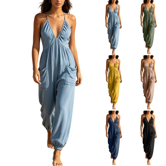 Tqcoqu Women's Plunge Halter Sleeveless Pleated Long Romper,Knit Jogger Maxi Jumpsuit with Pockets,Army Green Women's S-XXL