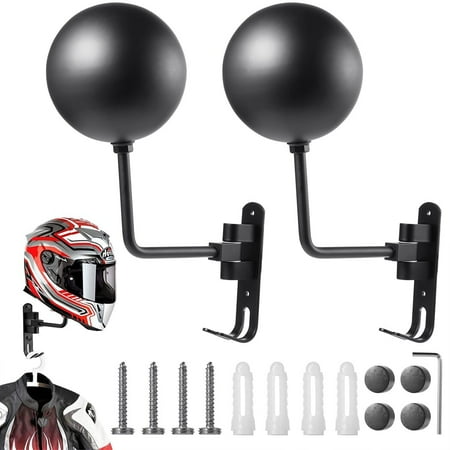 2PCS Motorcycle Helmet Racks, Wall Mounted Aluminum Bike Helmet Holder, 180°Rotatable Helmet Hanger with Double Hook for Coats Keys Wig Caps