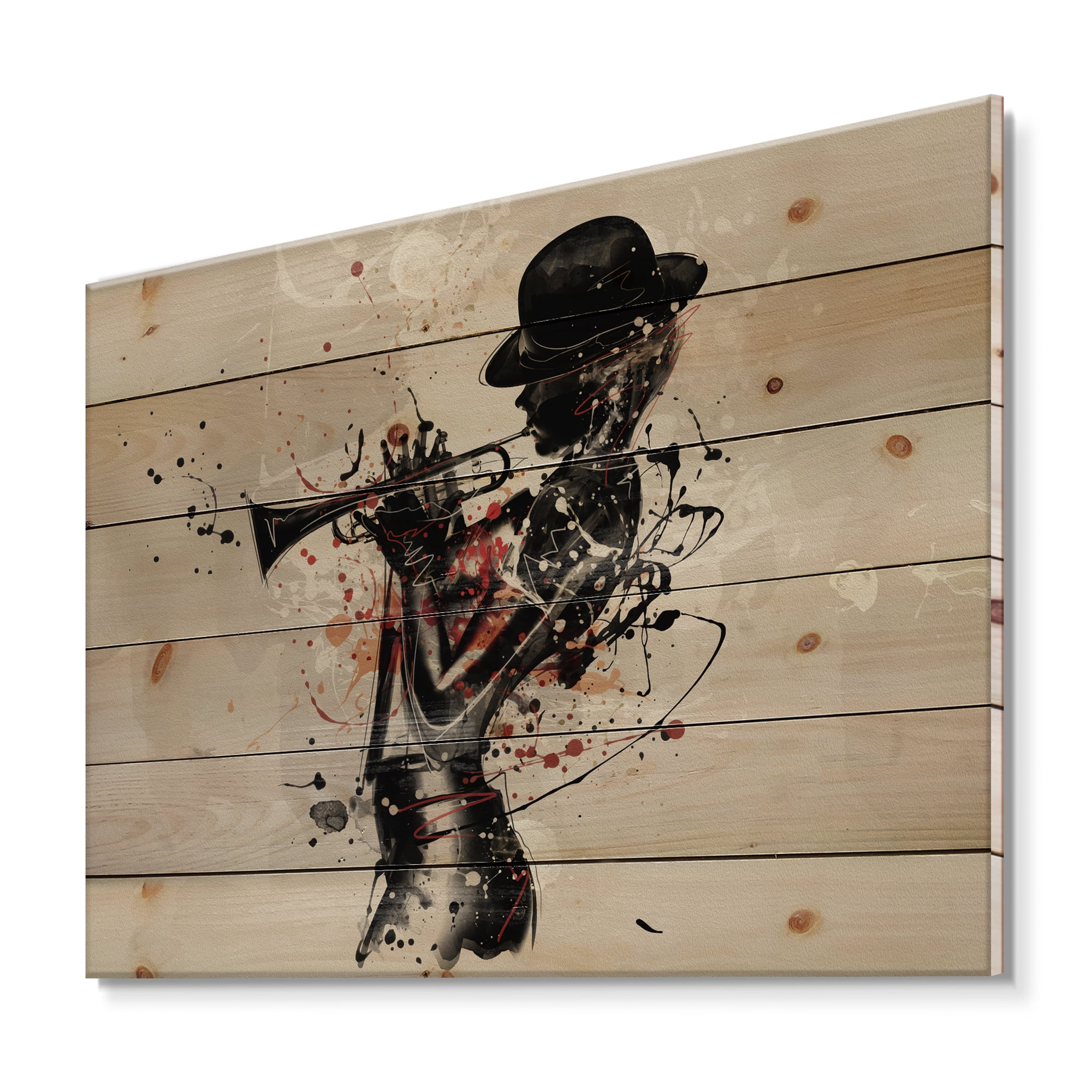 Designart 'Girl Playing Jazz Trumpet' Modern Print on Natural Pine Wood