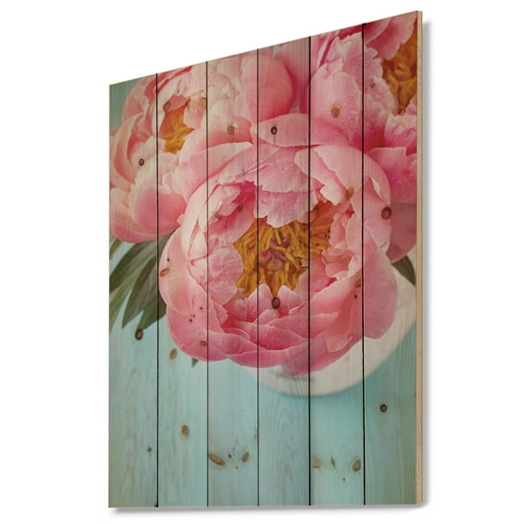 Designart 'Close Up of Light Pink Peony Flower' Floral Print on Natural Pine Wood