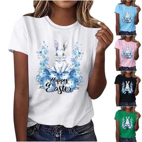 Hfnxid Easter Shirts for Women Funny Bunny Rabbit Graphic T Shirt Lightweight Breathable Crewneck Top Fahsion Flower Holiday Vacation Shirt Pink XXXL