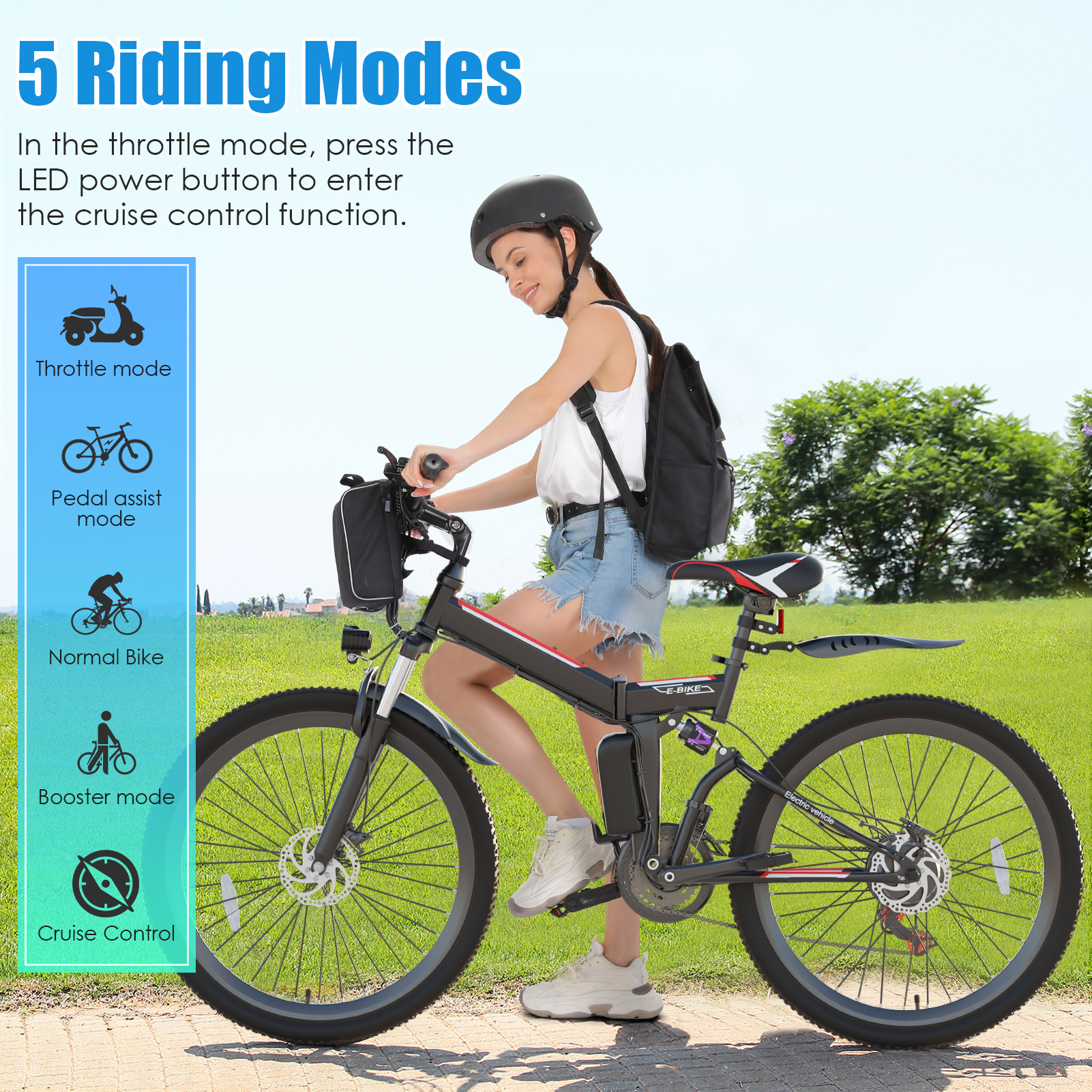 Elifine 500W 26" Electric Bike Folding Electric Mountain Bike for Adults, 48V 7.8Ah Battery Foldable Ebike, 21 Speed, Full Suspension Commuter E-bikes for Men Women with 5 Riding Modes, UL2849 - image 5 of 11