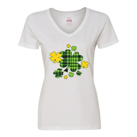 Inktastic St. Patrick's Day Plaid Green and Yellow Shamrocks Women's V-Neck T-Shirt