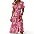 thumbnail image 3 of Bxsruta Women's Floral Print V Neck Short Sleeve Midi Dress Casual A Line Flowy Long Dress for Work Party Pull on Comfortable Elastic Waist Lightweight Everyday, 3 of 7
